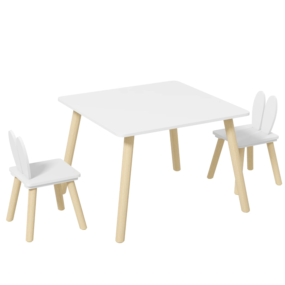 3 Piece Toddler Table and Chair Set with Bunny Ear Backrests MDF and Pine Wood Legs Chairs Tuck Under White