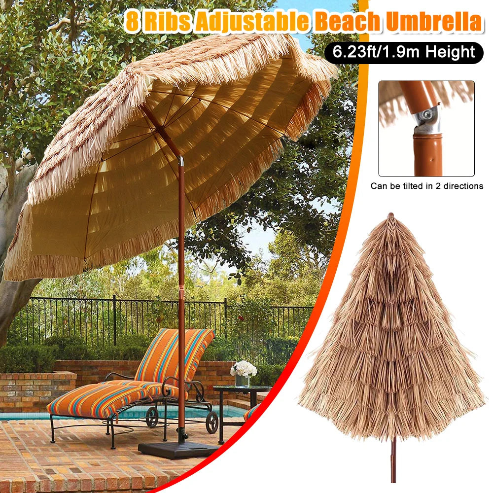Thatched Tiki Beach Umbrella, 1.6m Height-Adjustable Garden Parasol with 8 Ribs