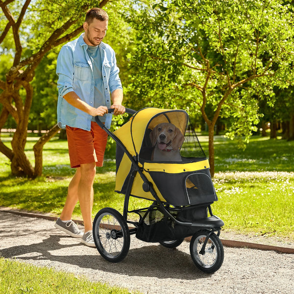 Foldable 3-Wheel Dog Stroller with Canopy for Small and Medium Dogs, Yellow