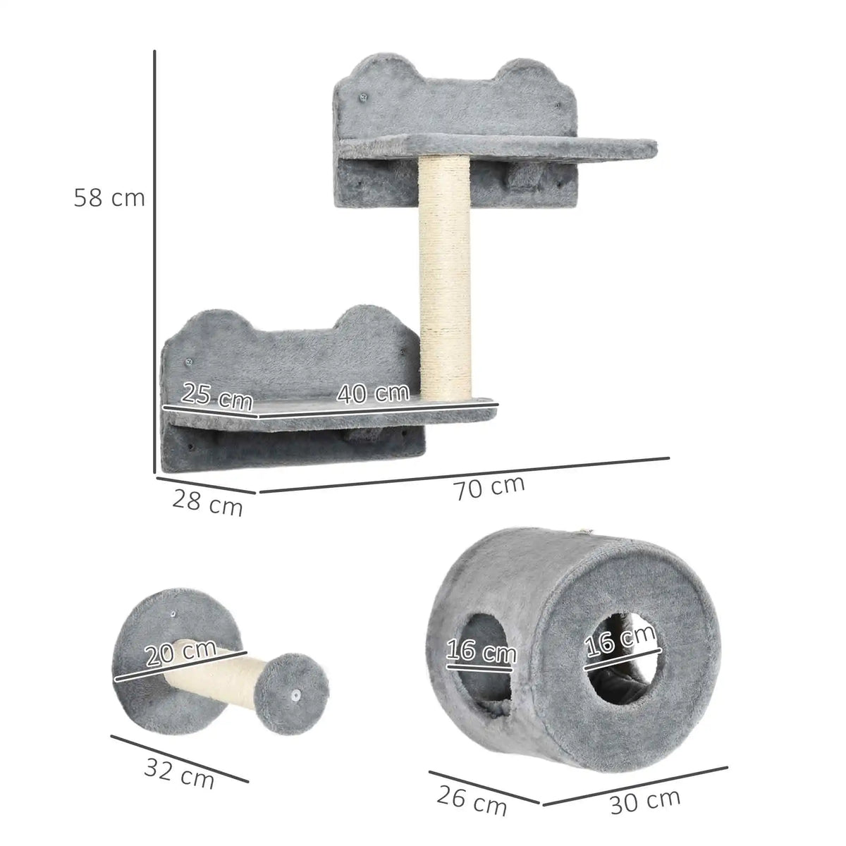 5 Piece Wall Mounted Cat Shelves Set with Cat House Scratching Posts and 6 Levels Plush Grey