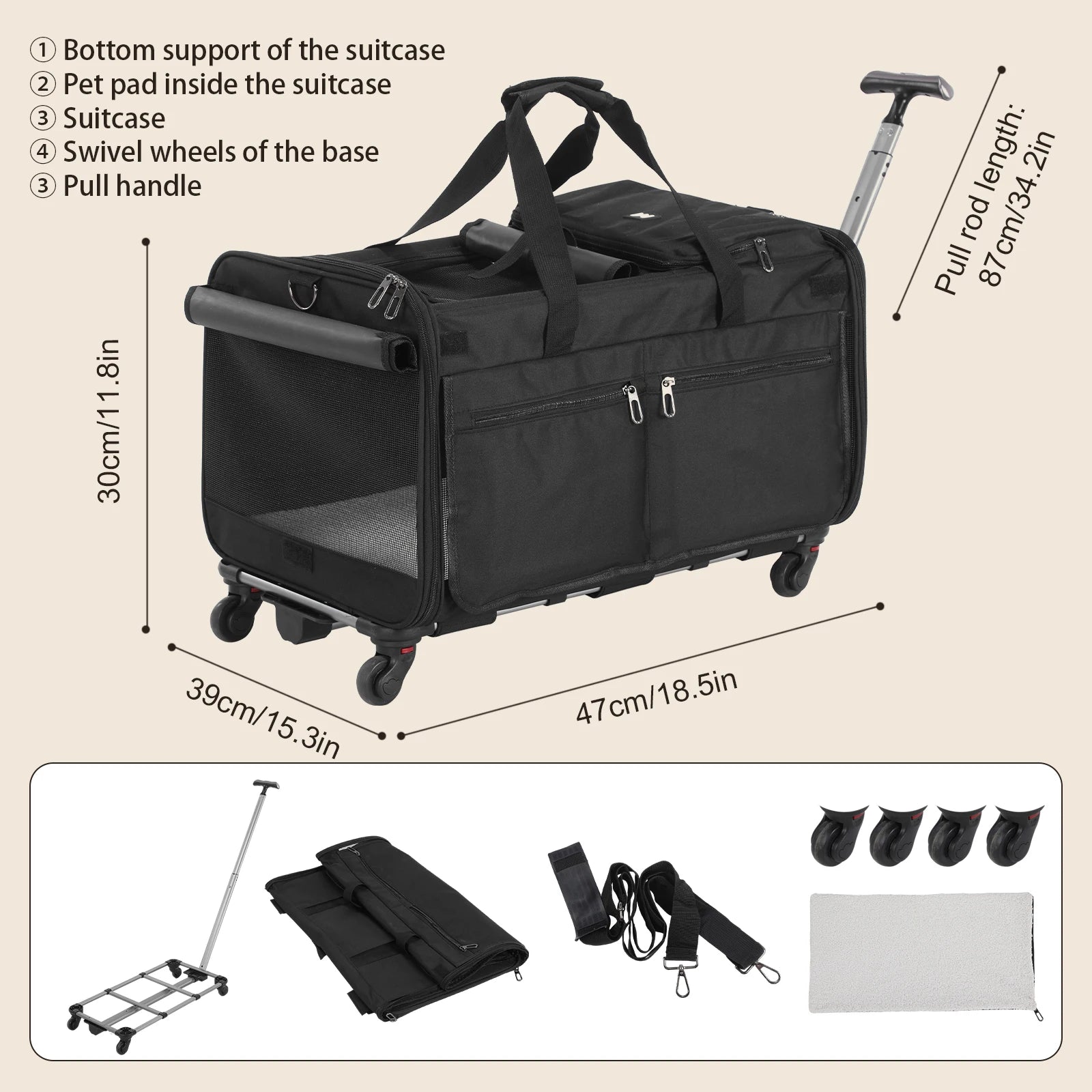 Airline Approved Pet Carrier with Detachable Wheels Soft Lined Rolling Carrier for Cats Dogs Travel