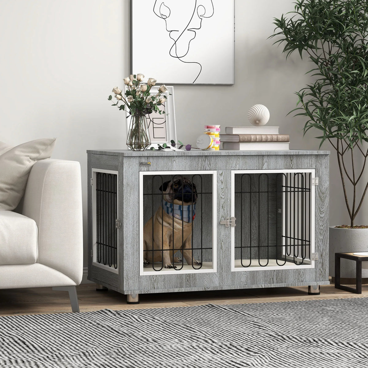 Dog Crate End Table with Soft Cushion, Double Door, for Medium & Large Dogs