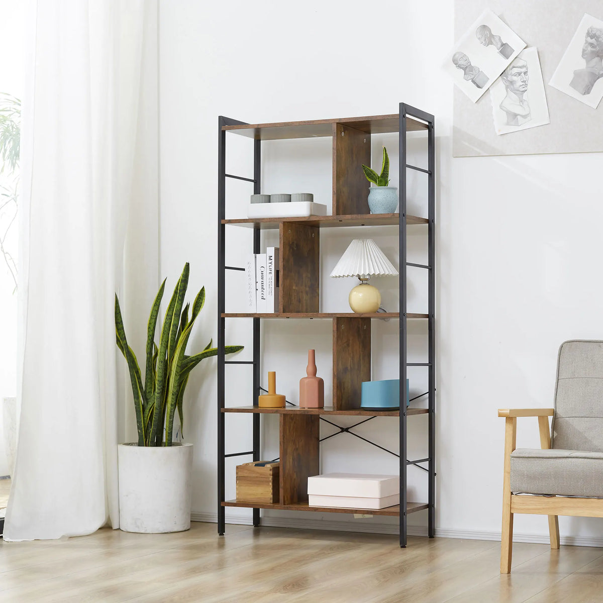 Industrial 5-Tier Bookcase with Metal Frame, Rustic Brown and Black