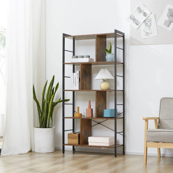 Industrial 5-Tier Bookcase with Metal Frame, Rustic Brown and Black