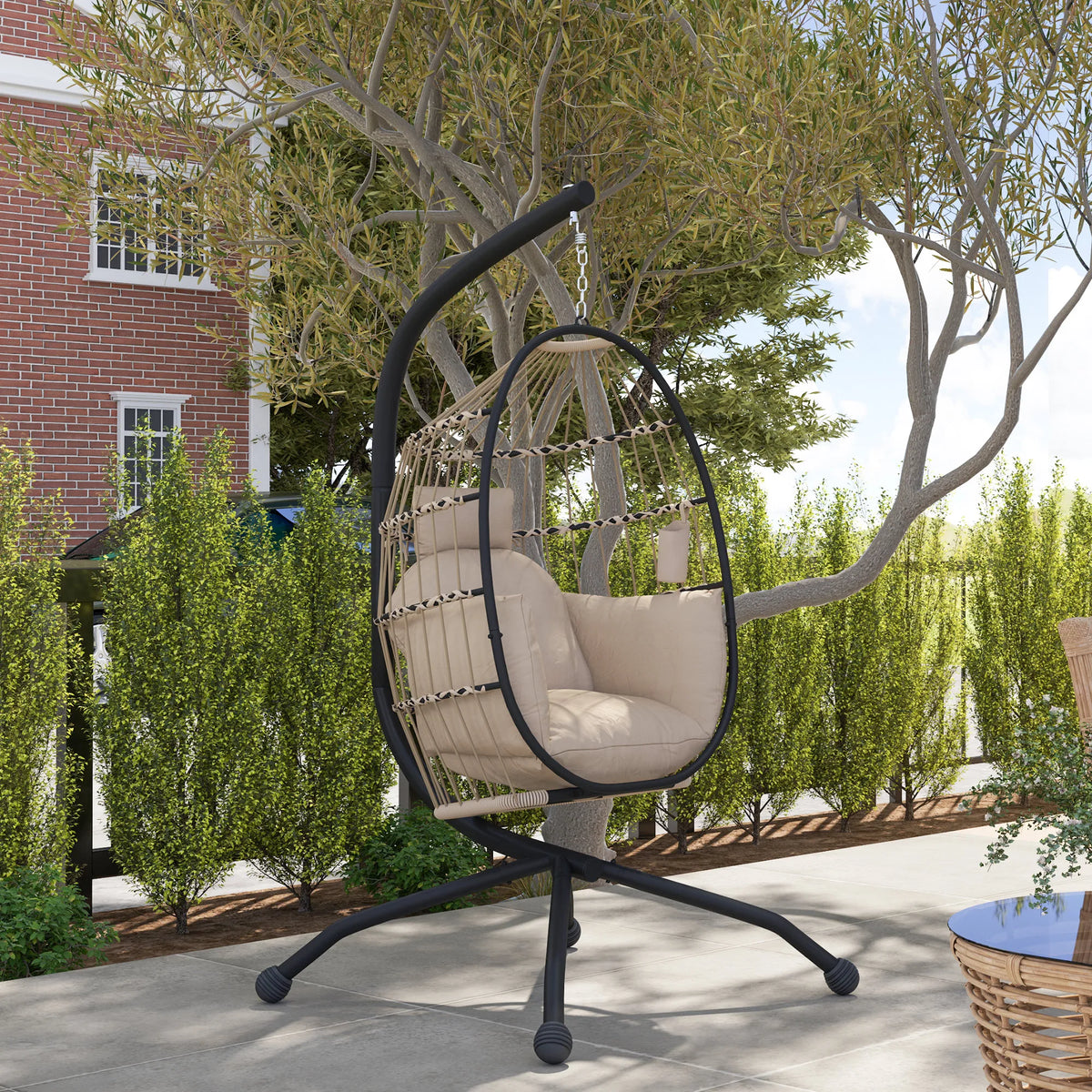 Hanging Egg Chair with Stand, Cup Holder and 20cm Cushion, Khaki