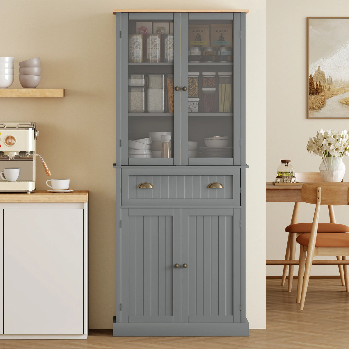 Farmhouse Kitchen Pantry Cupboard with Glass Doors, Drawer and Adjustable Shelves, Grey