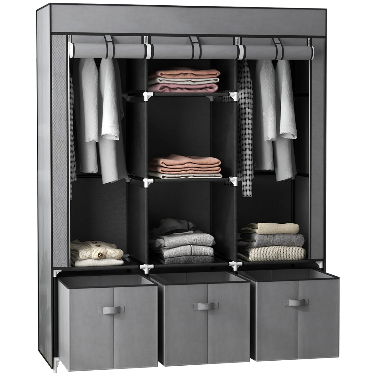 Portable Wardrobe with 5 Shelves, 3 Fabric Drawers and 2 Hanging Rails