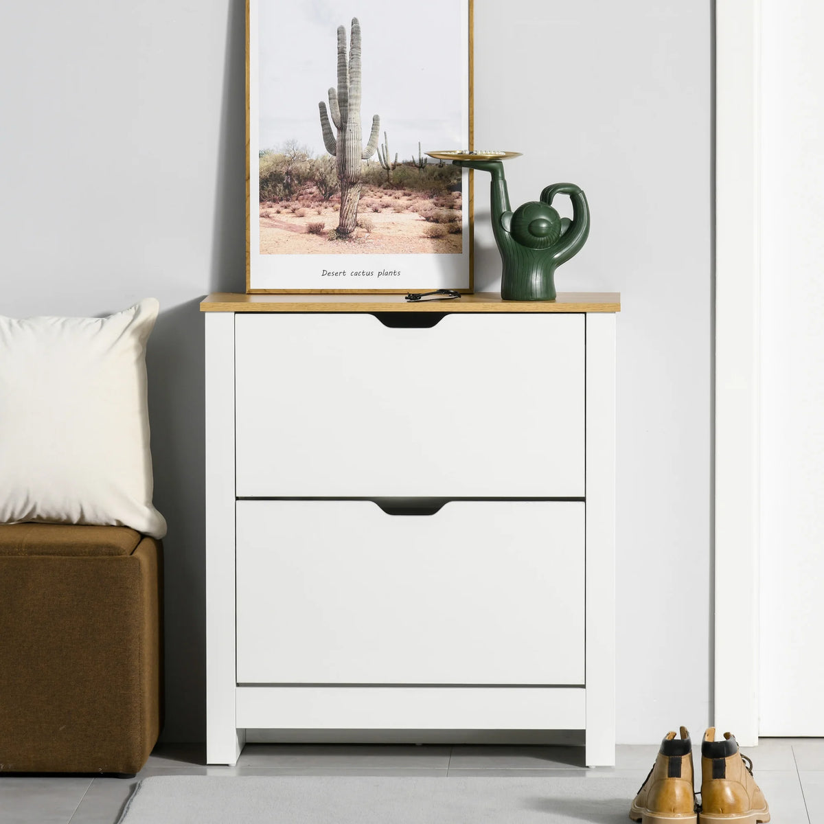 12-Shoe Storage Cabinet, 4 Shelves, 2 Drawers, Tabletop, 4 Legs, Modern White