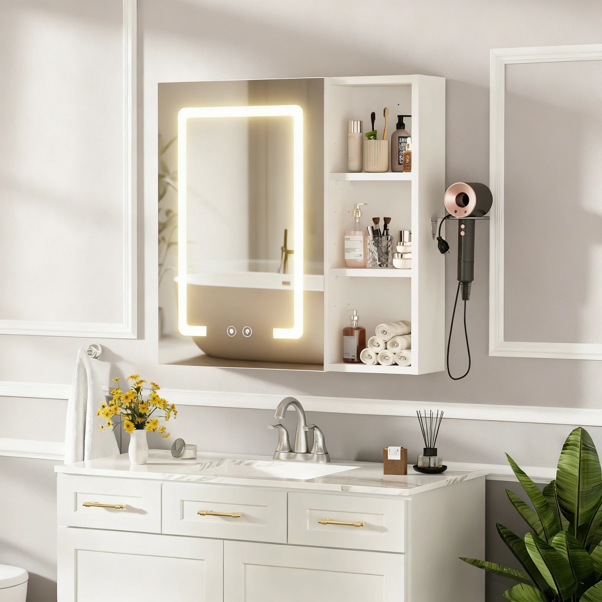 Smart Bathroom Mirror Cabinet with Anti-Fog and 3-Colour LED Lighting | 60x60cm Wall Mounted Storage with UK Plug