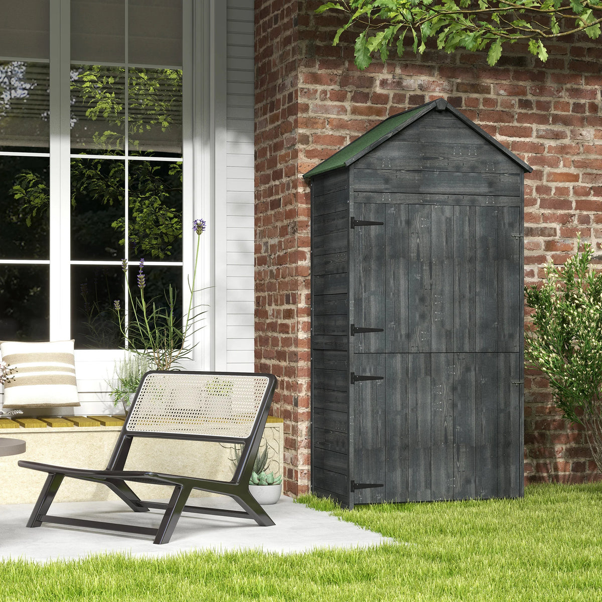 Wooden Garden Storage Shed with 3 Shelves and 2 Doors, 84 x 52 x 188 cm, Grey