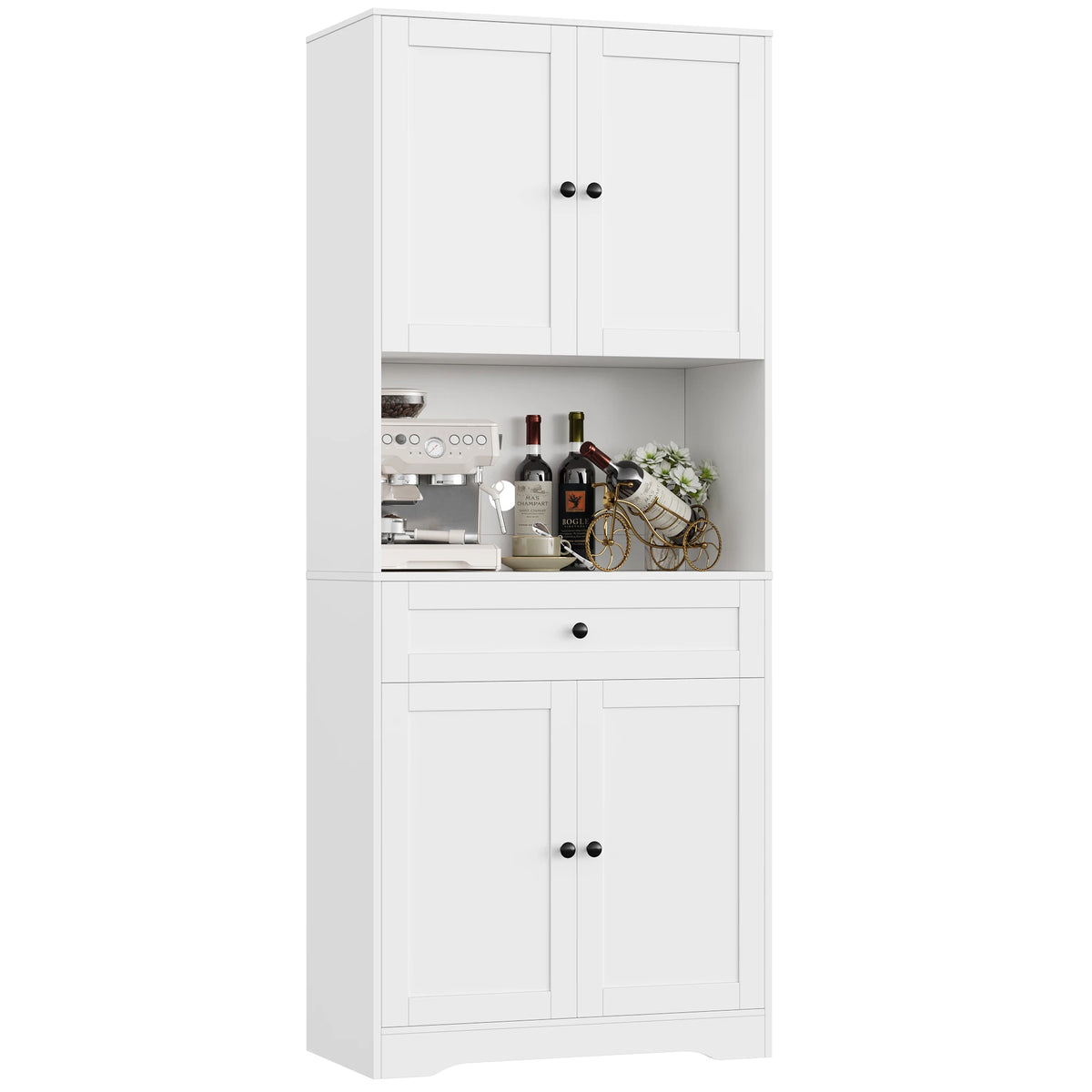180cm Tall Kitchen Cupboard with Large Countertop and 4 Doors | White or Black Pantry Cabinet with Drawer and Adjustable Shelves