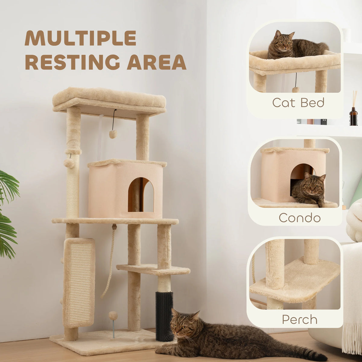 PawHut 132cm Cat Tree Tower Scratching Post Bed House Beige Multi Level