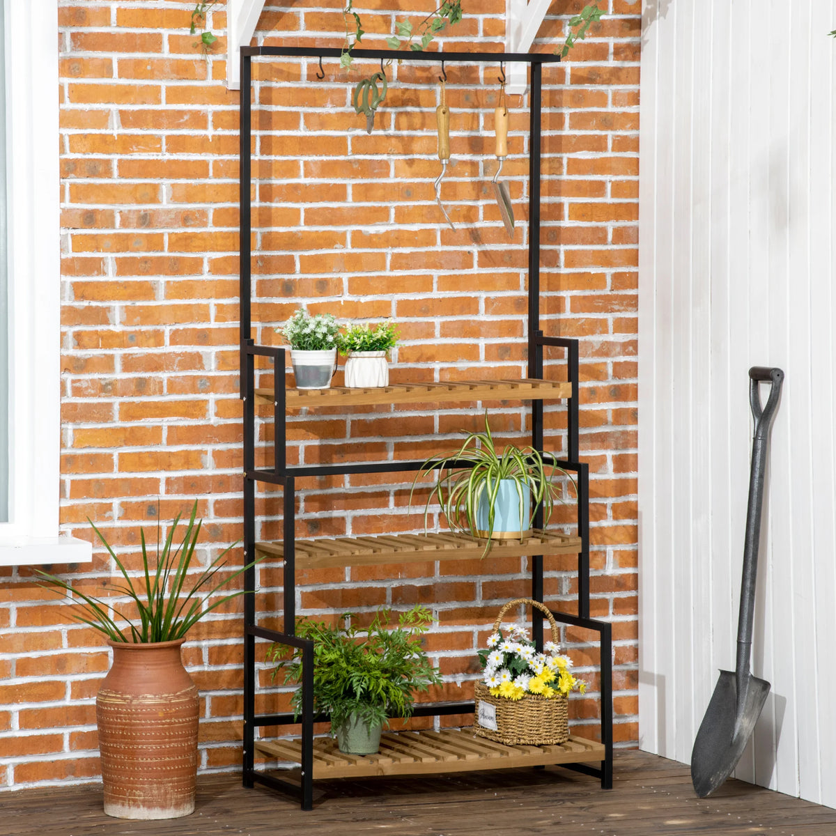 3 Tier Tall Plant Stand with Top Hanging Hooks Slatted Fir Wood Shelves Metal Frame 20kg Black and Natural
