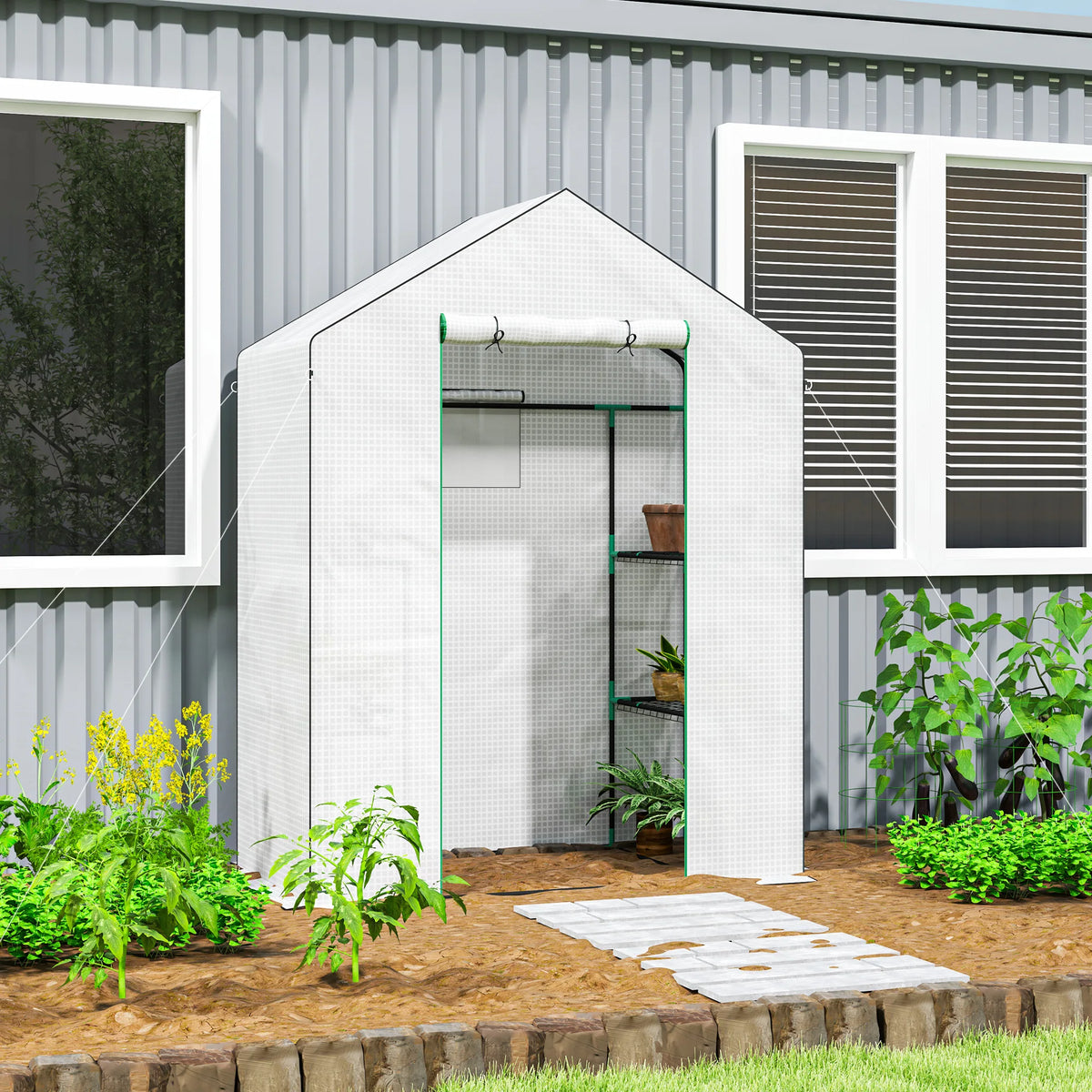 Walk-in Greenhouse with 8 Wire Shelves, Roll-Up Door, 143 x 74 x 190cm, White