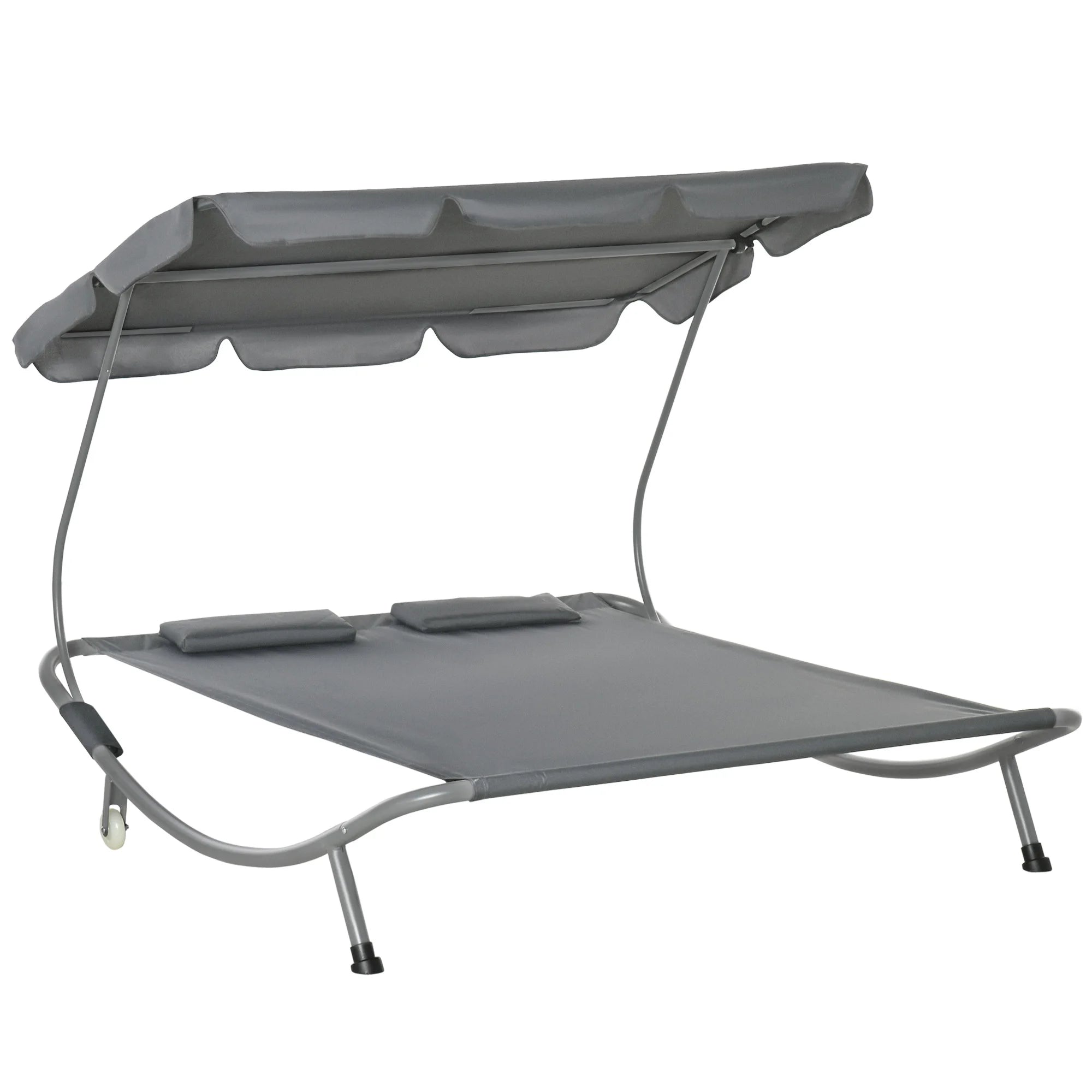 Patio Double Hammock Sun Lounger Bed with Adjustable Canopy Shelter, Wheels and 2 Pillows for Outdoor Use