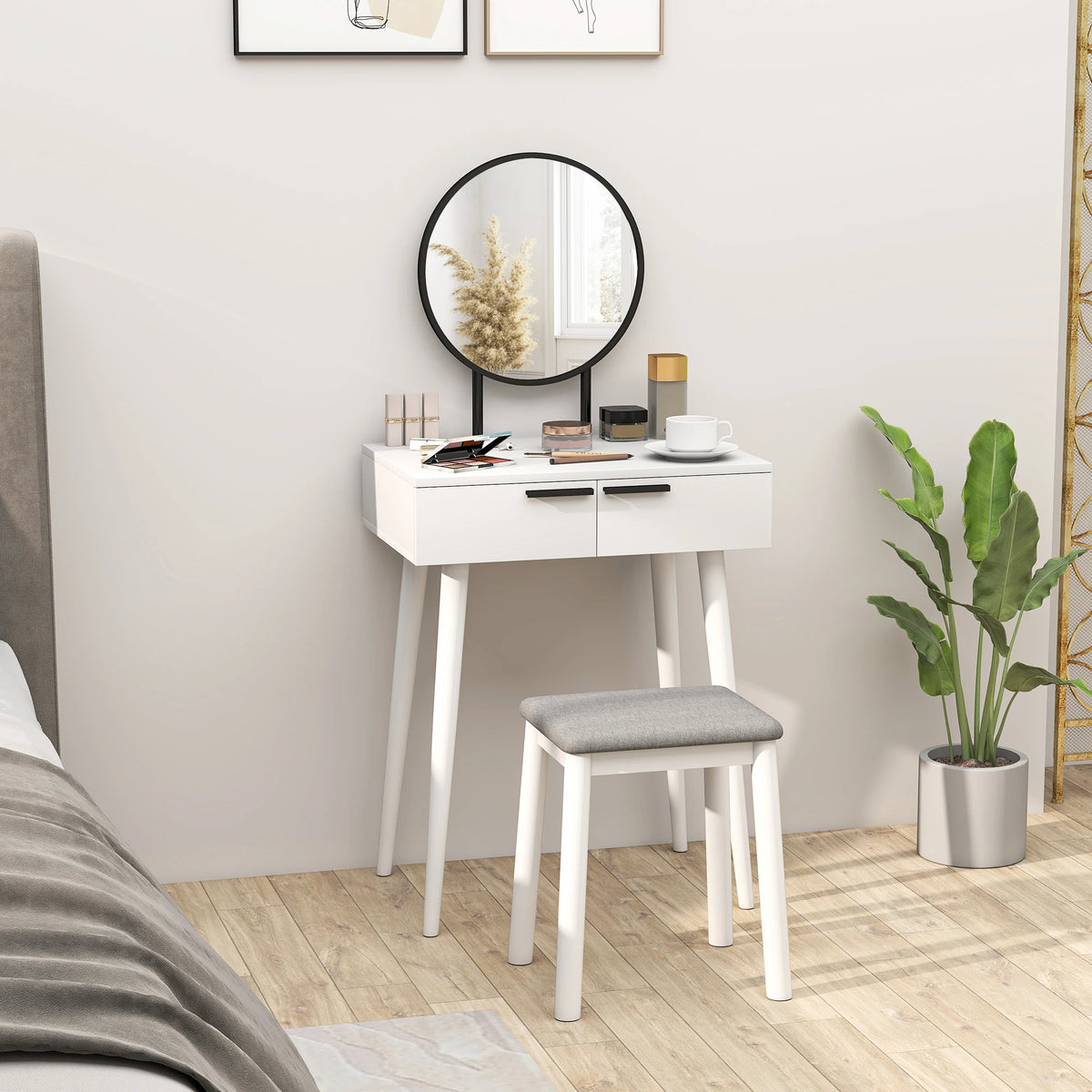 Dressing Table Vanity Set with Large Round Mirror 2 Sliding Drawers and Padded Stool Particleboard White