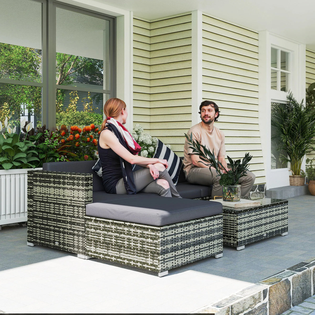 5 Piece Rattan Garden Corner Sofa Set with 67cm Wide Seats, Sectional Outdoor Furniture