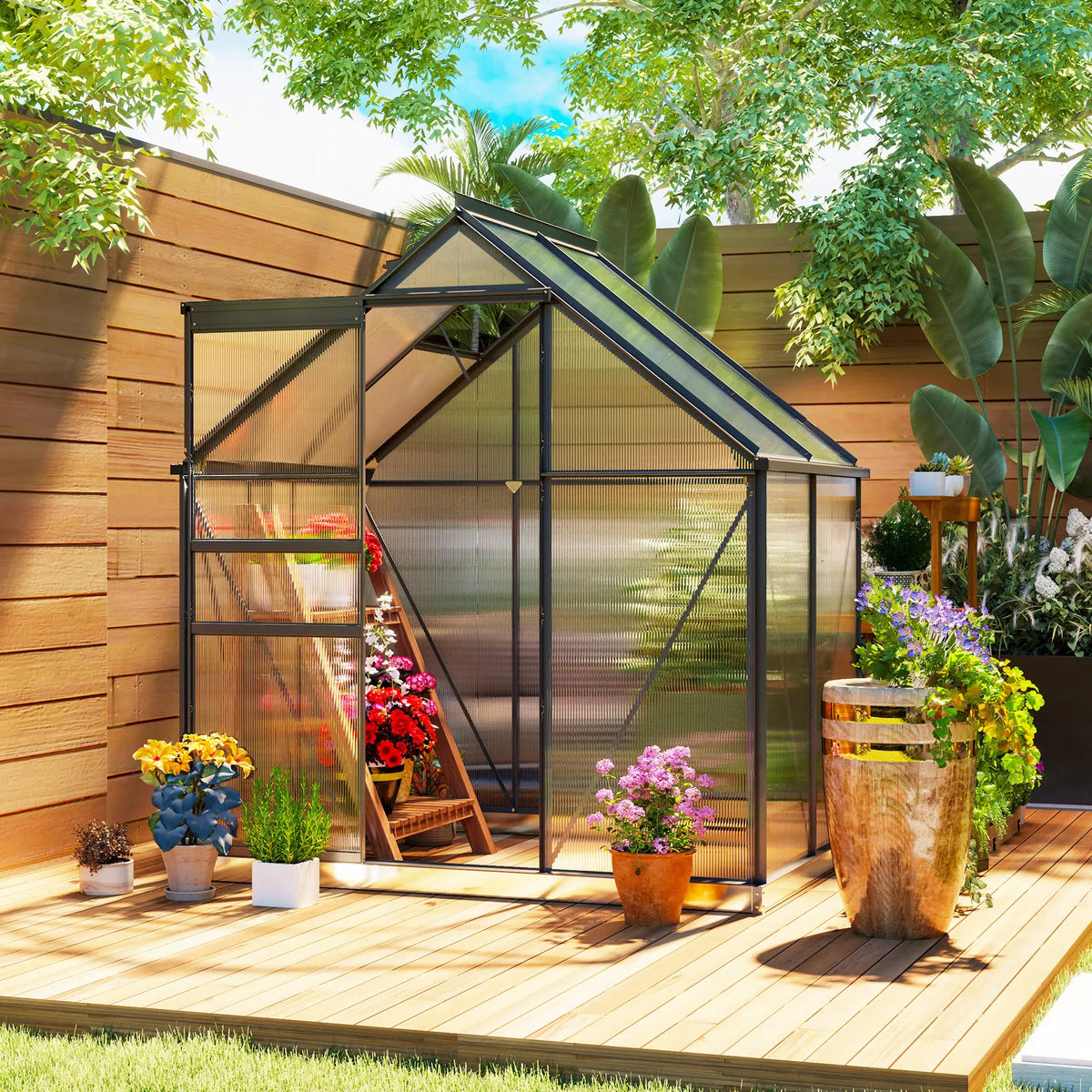 6 x 4ft Polycarbonate Walk-In Greenhouse with Sliding Door and Roof Vent
