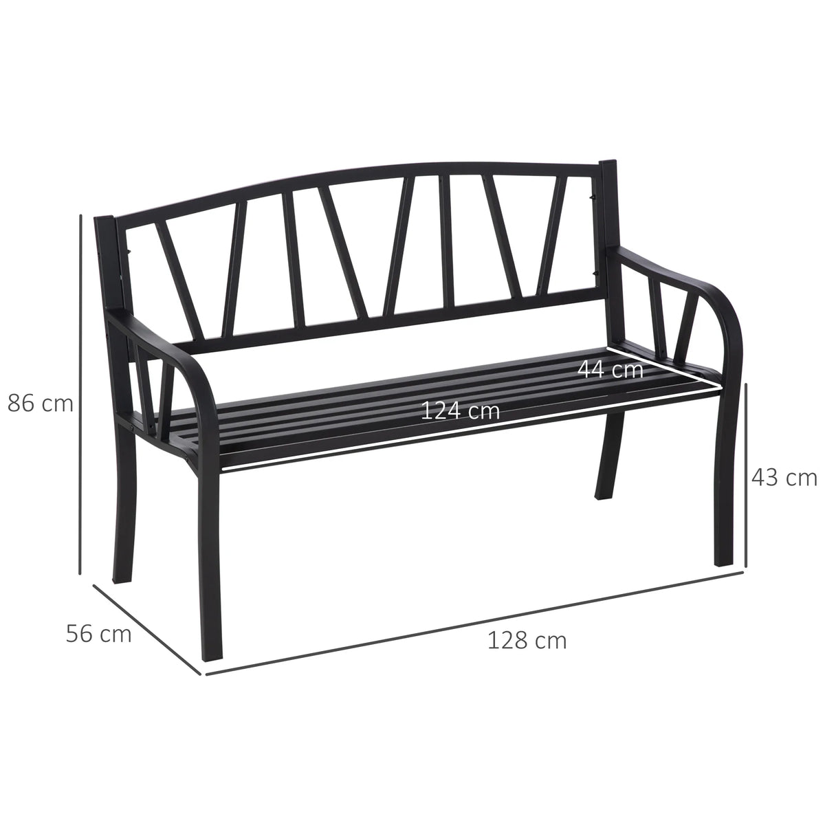 2 Seater Garden Bench All Metal Loveseat with Tall Backrest Ergonomic Armrests Line Design for Patio