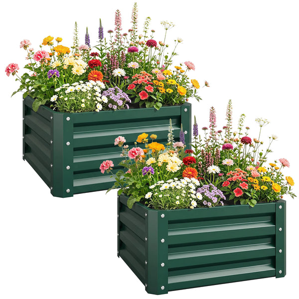 Set of 2 Raised Garden Beds, Galvanised Steel Planter Boxes, Green