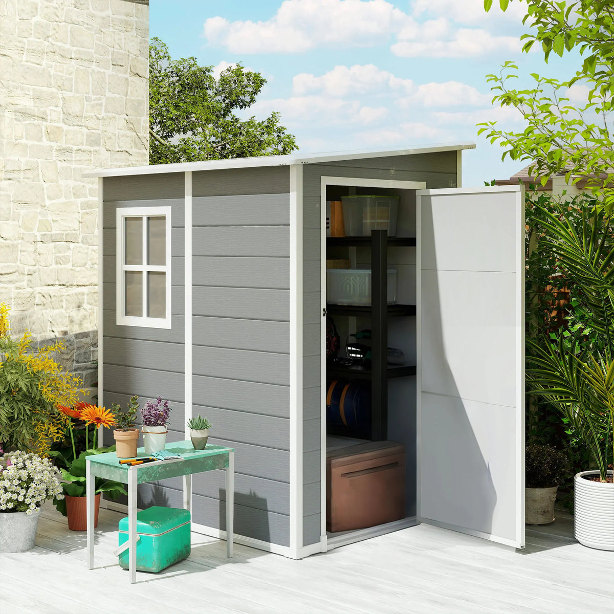 4 x 5ft Lean-To Garden Shed with Window, Vent and Lock, Grey