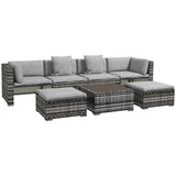 7-Piece PE Rattan Garden Sofa Set with Glass Coffee Table and Stools - Patio Furniture Set