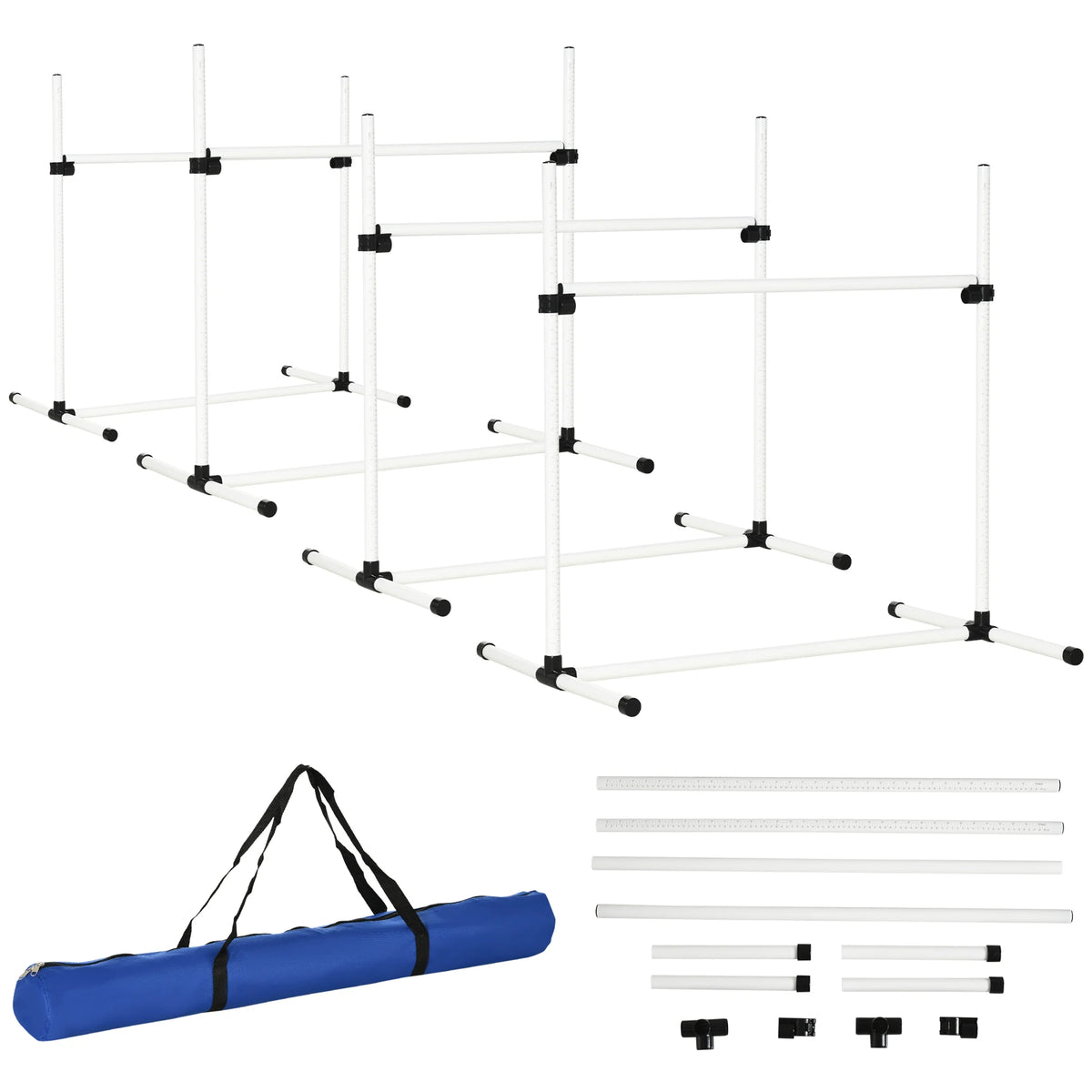 Four-Piece Dog Agility Jump Set with Carry Bag, Adjustable Height, White