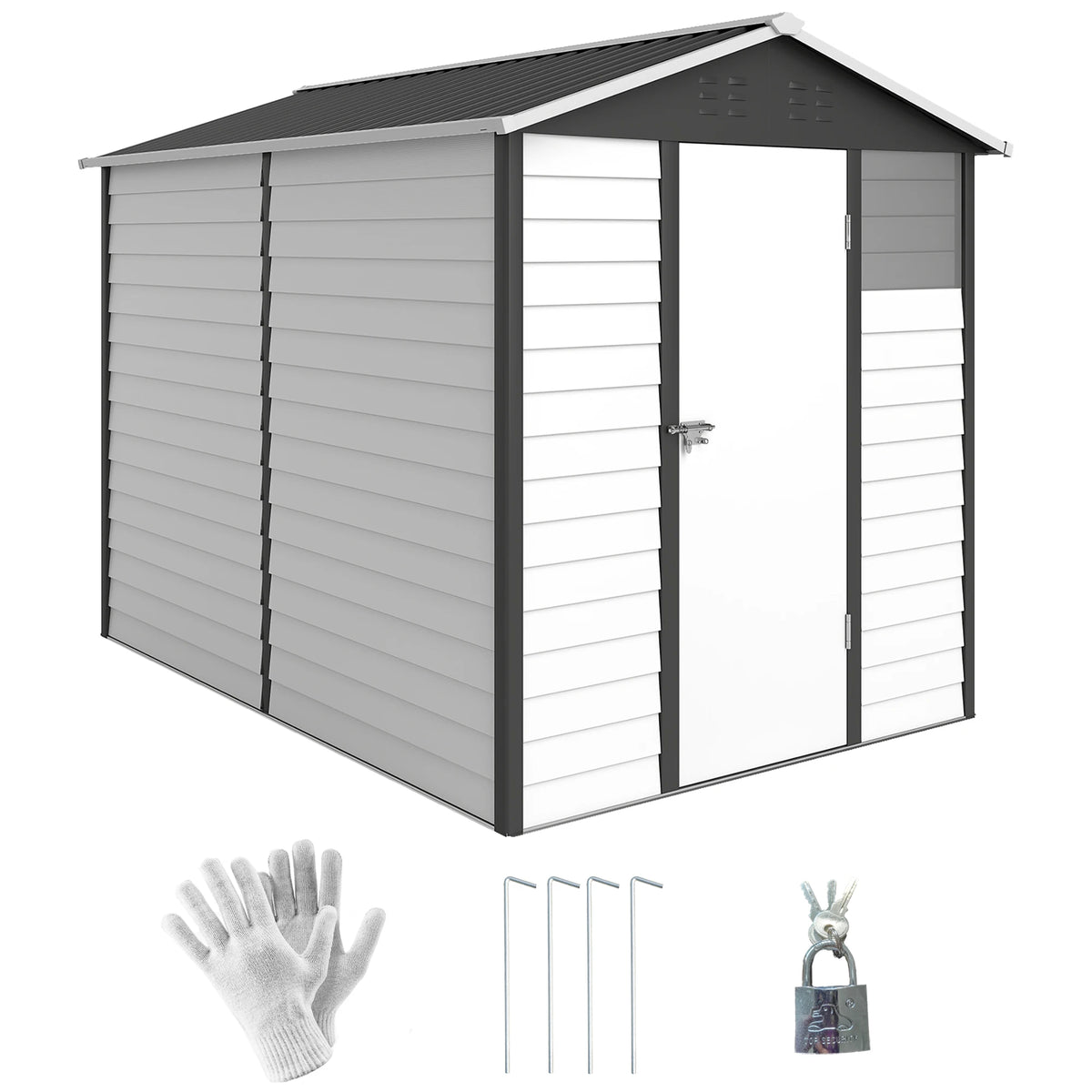 9x6FT Metal Garden Shed Outdoor Storage Shed w/ Sloped Roof Lockable Door Grey