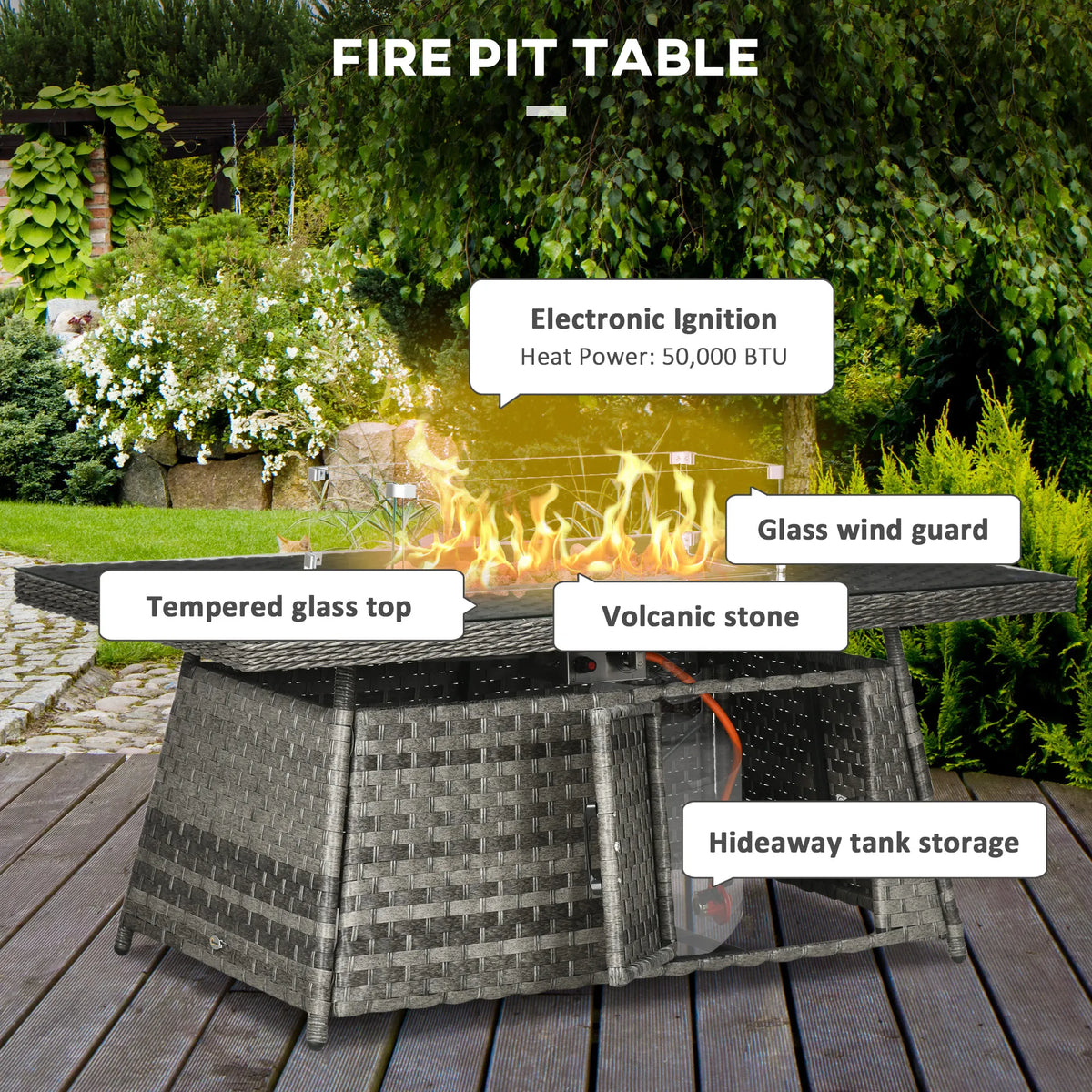 7-Piece Rattan Garden Sofa Set with Fire Pit Table, Footstools and Cushions