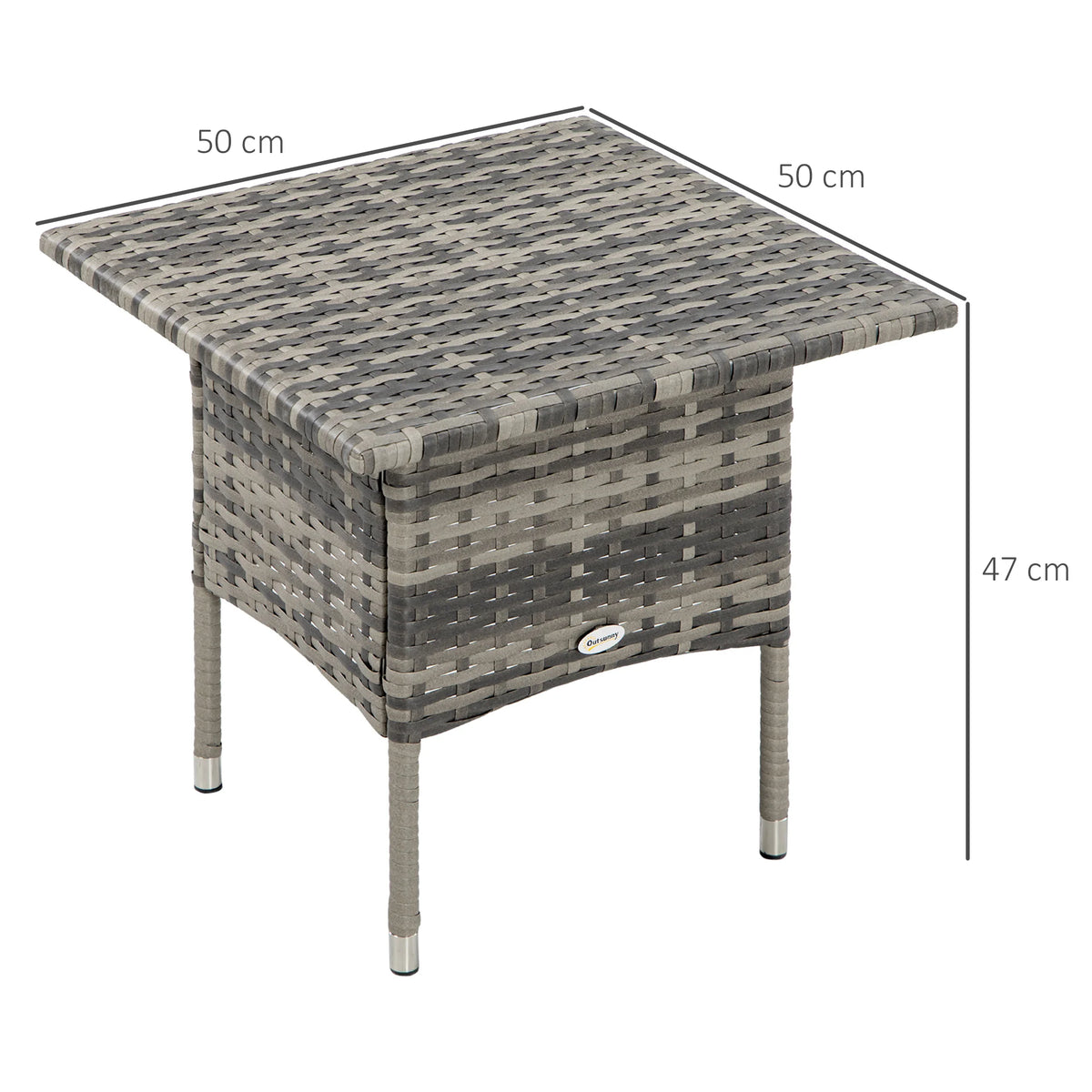 Rattan Side Table, Outdoor Coffee Table with Plastic Board Under the Full Woven Table Top, Mixed Grey