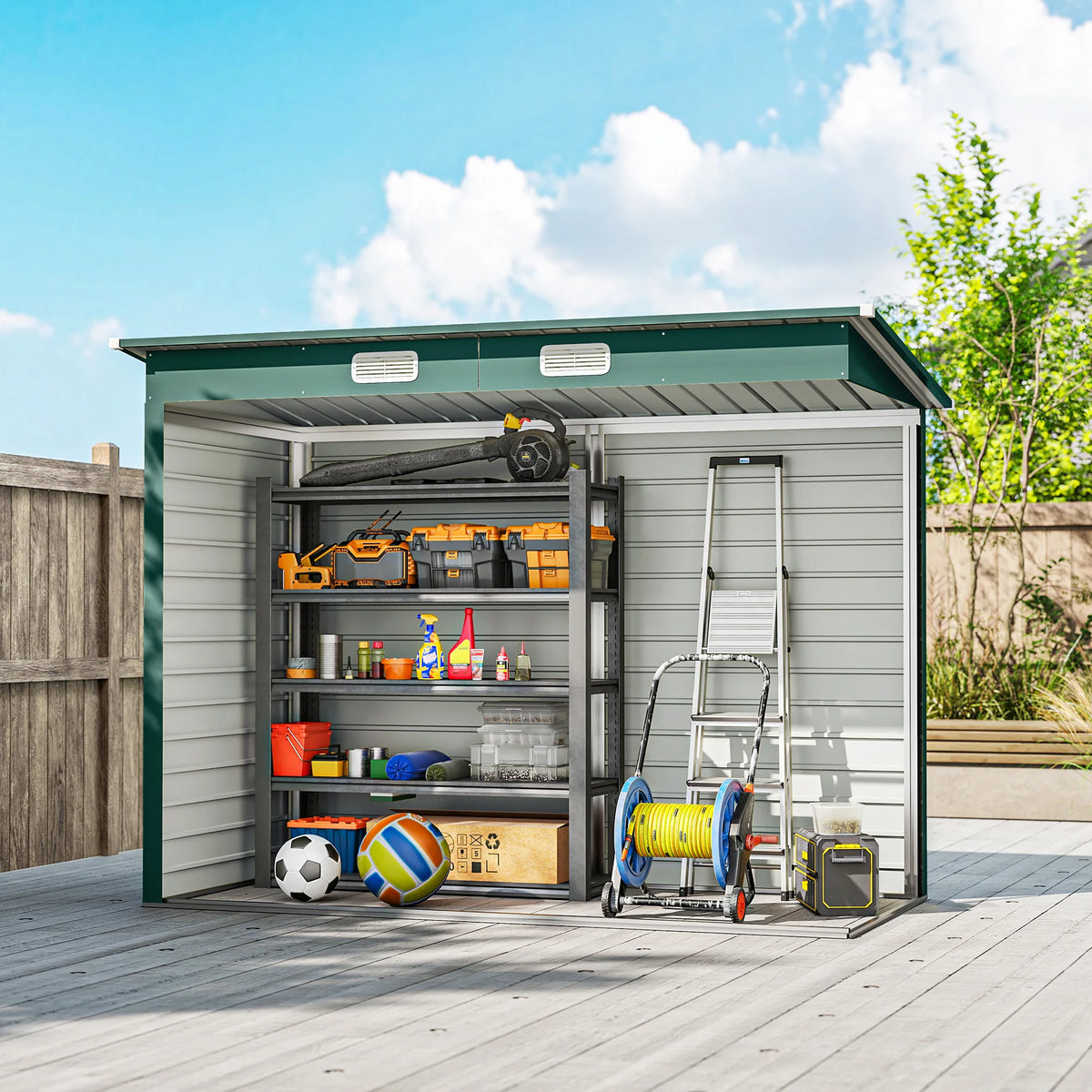 8 x 4ft Metal Garden Shed with Double Doors, Vents and Padlock, Green