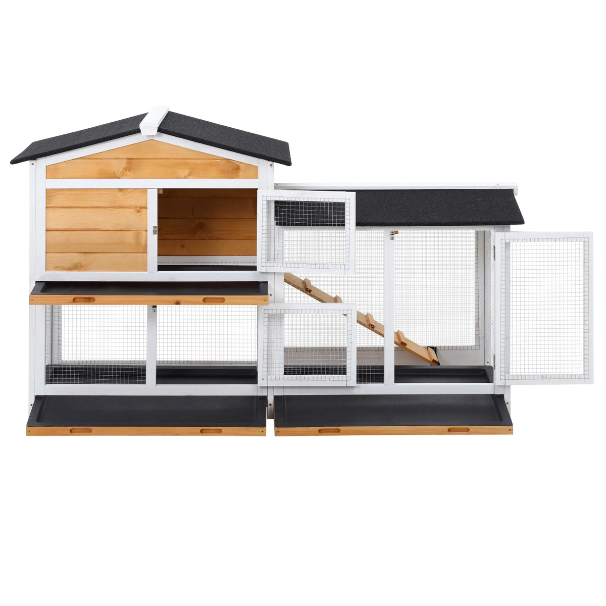 2 Tier Wooden Rabbit Hutch with Run Ramp and Slide Out Trays Fir Wood Asphalt Roof Guinea Pig Cage