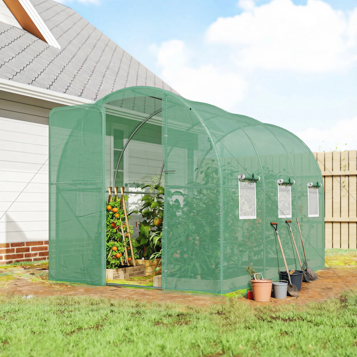 2 x 3m Walk-In Polytunnel Greenhouse with Hinged Door and Mesh Windows, Green