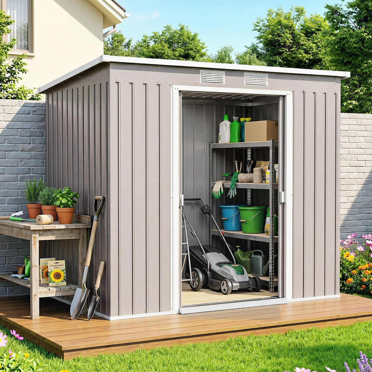 Lean-to Metal Garden Shed with Sliding Doors and Vents, 7 x 4ft