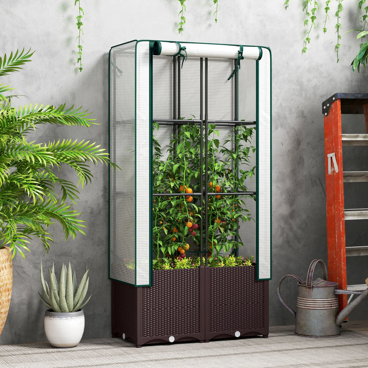 Plastic Raised Garden Planter with Trellis and Cover, Drainage Holes, 80 x 40 x 140 cm