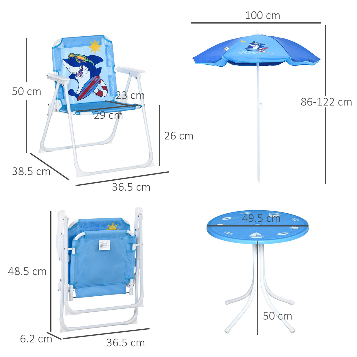 Kids 4 Piece Folding Garden Set with Table 2 Chairs and 6 Bone Parasol Shark Design Metal Blue