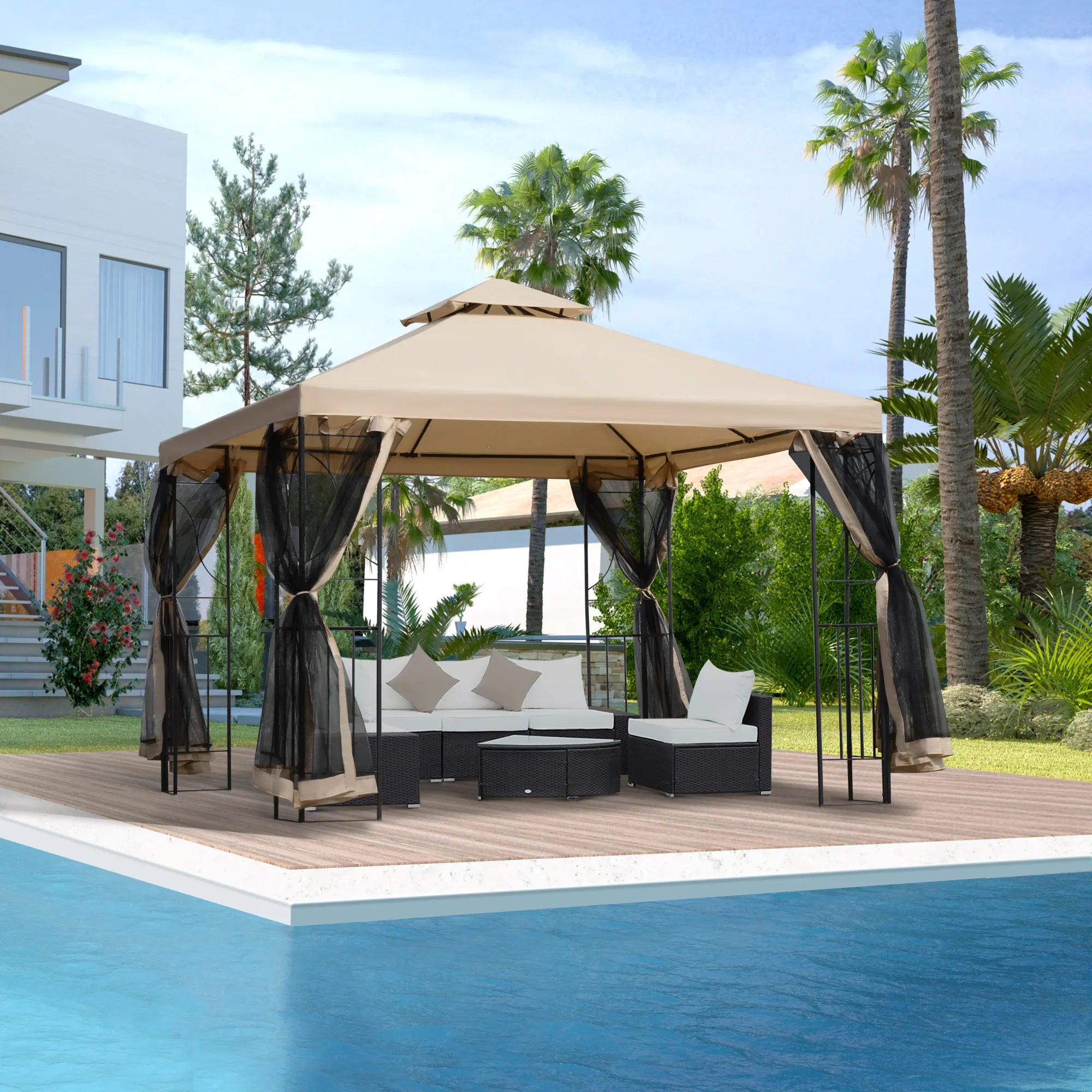 3 x 3m Double Roof Garden Gazebo with Mosquito Netting, Corner Storage Trays and Steel Frame