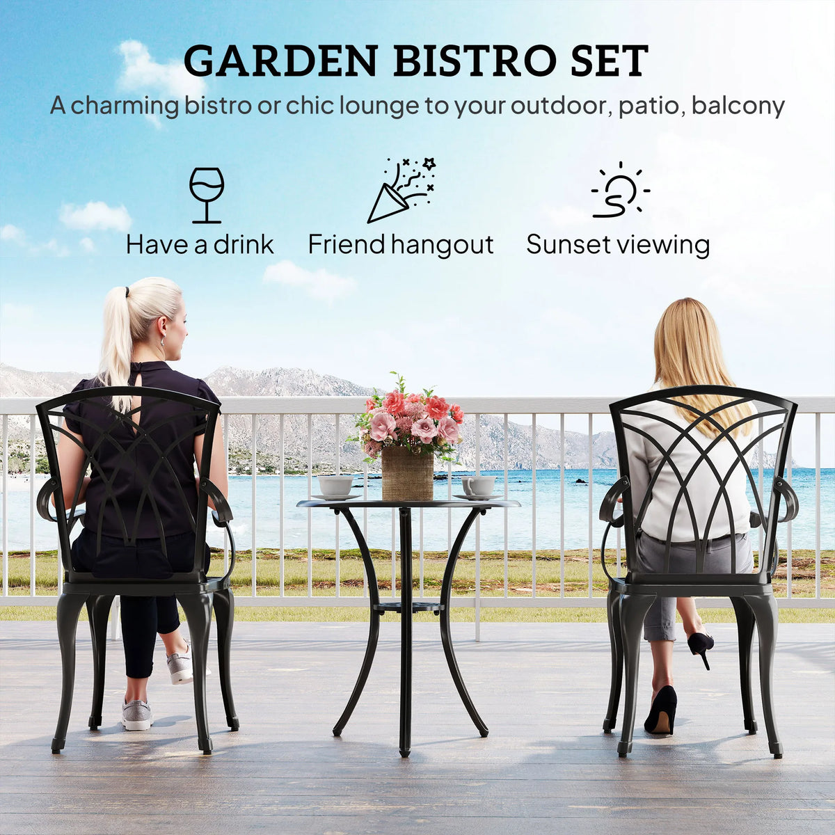 3 Piece Cast Aluminium Garden Dining Set for 2 with Parasol Hole, Table and 2 Chairs, Brown