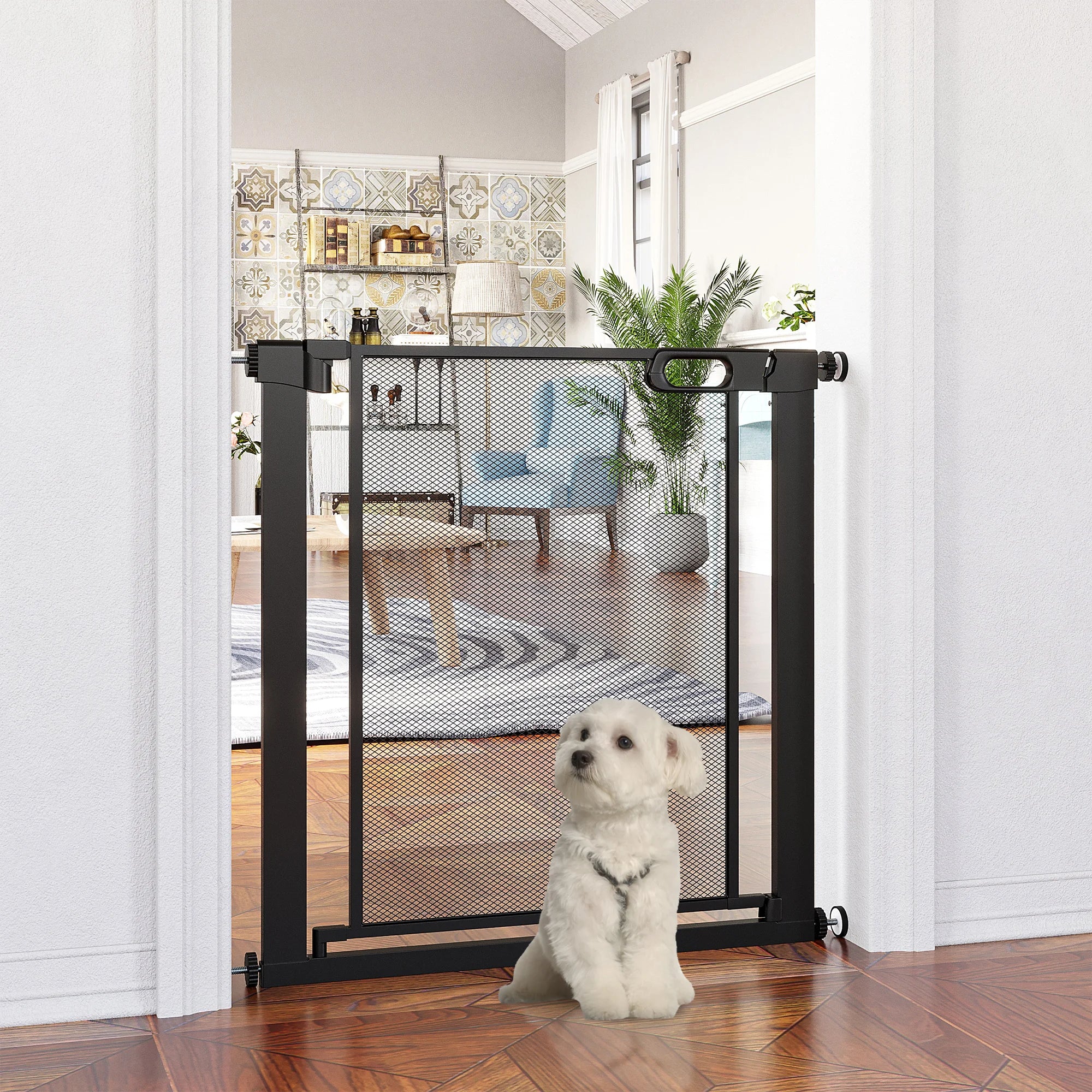 Pressure Fit Safety Gate for Stairs Doorways and Hallways with Auto Close and Single Hand Operation for Pets and Dogs