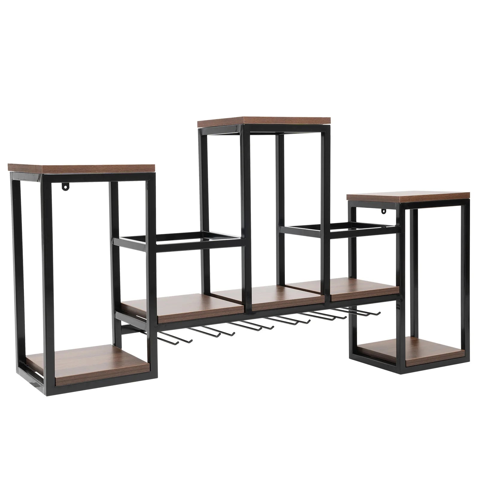 Wall Mounted Metal Wine Rack with Glass Holder | 106cm Solid Wood and Wrought Iron Bottle Shelf for Home Bar