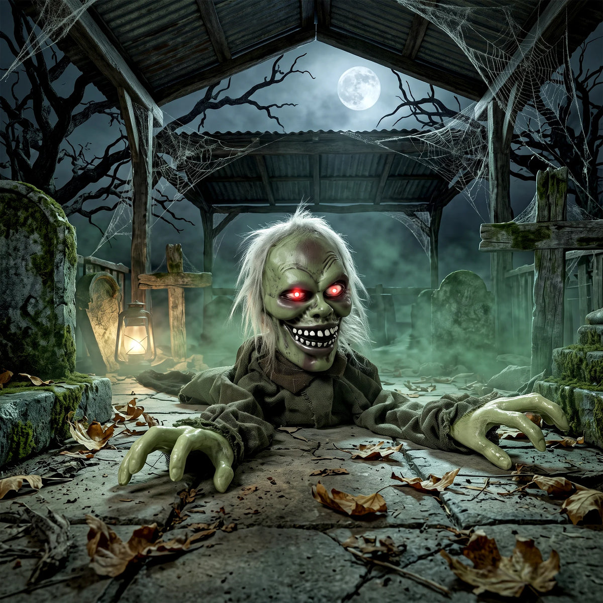 Animatronic Crawling Zombie Halloween Prop, Light-Up Eyes