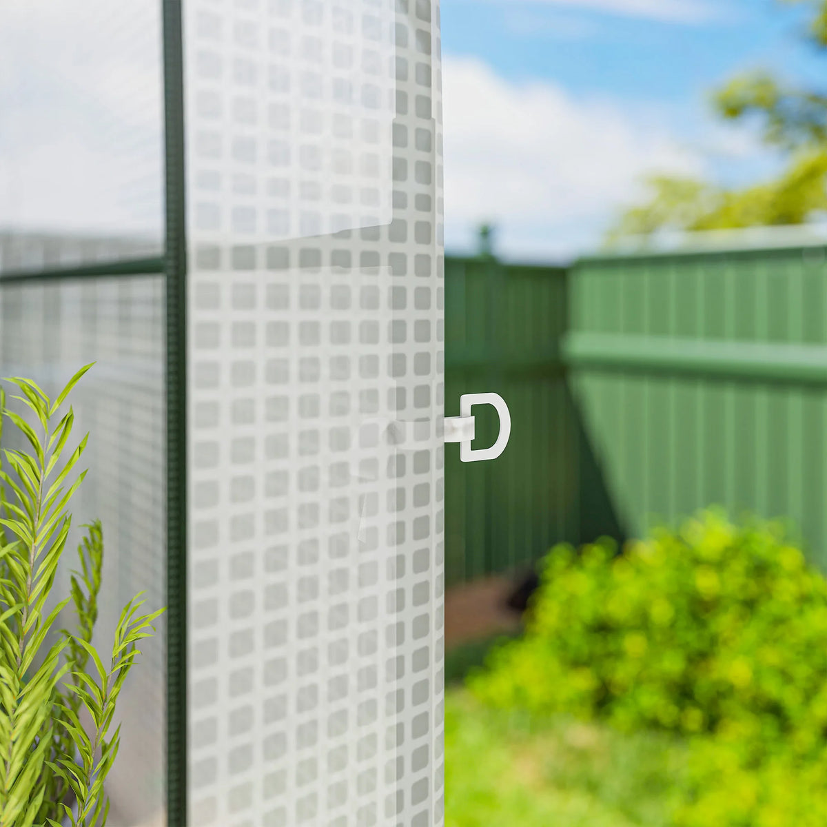 Small Walk-In Greenhouse with Shelves, Roll-Up Door and PE Cover, White