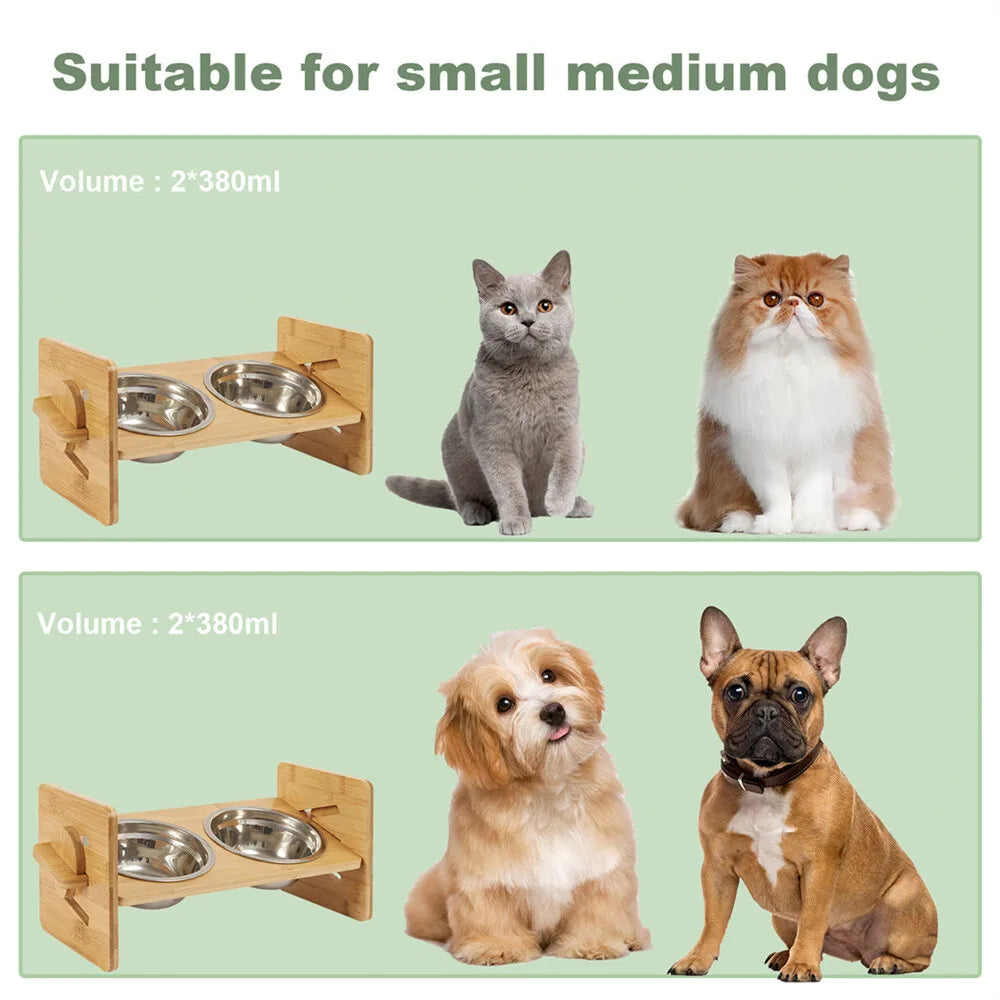 Elevated Dog Bowls with Bamboo Stand 4 Height Adjustable 2 x 380ml Stainless Steel Bowls 31x17x16cm