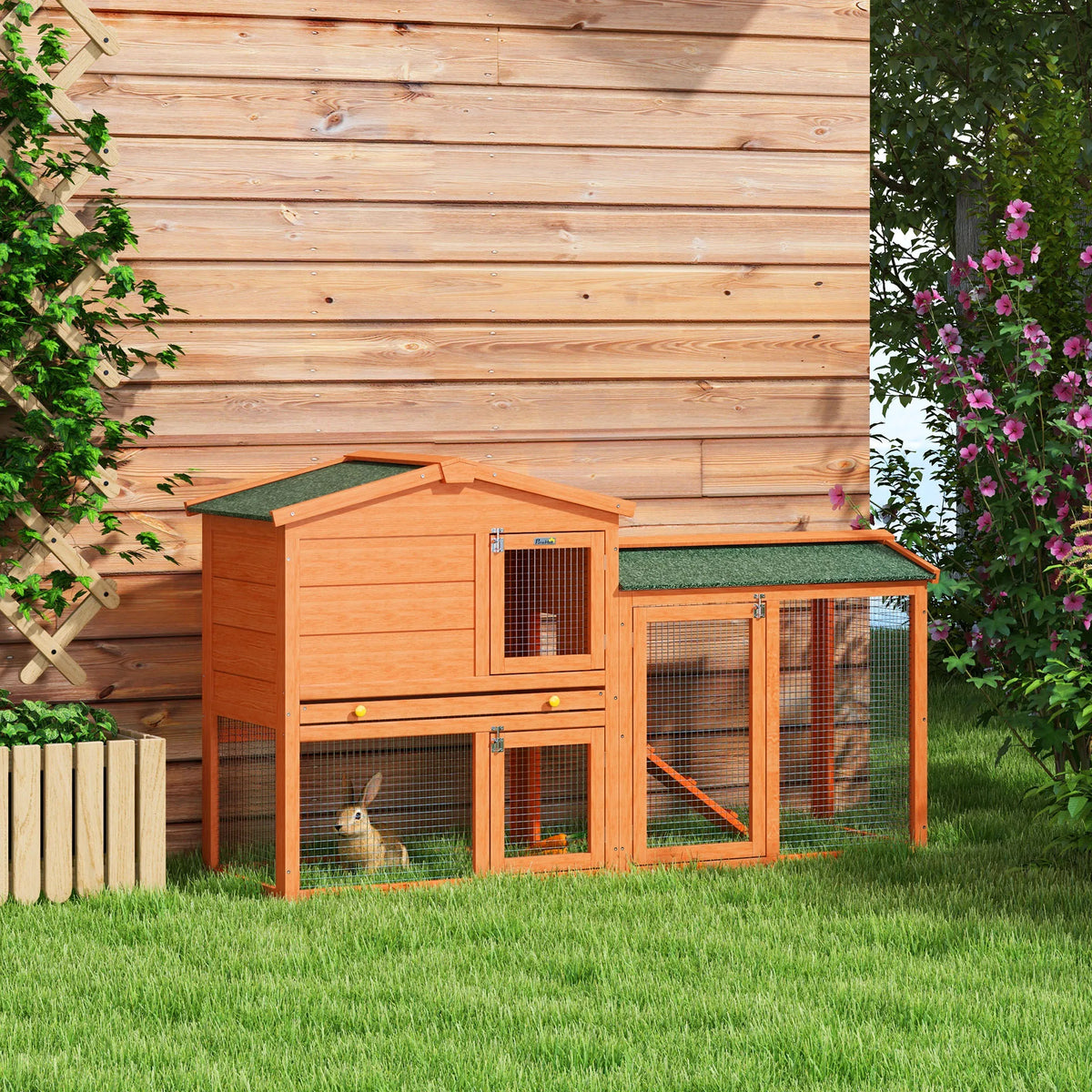 Side run of a rabbit hutch showing 64cm standing height