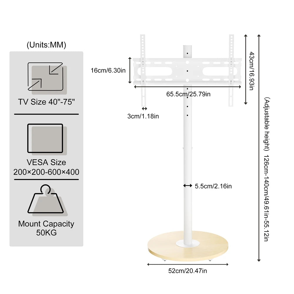 Height Adjustable Mobile TV Floor Stand with Hidden Wheels for 40-75 Inch TVs, 50kg Capacity