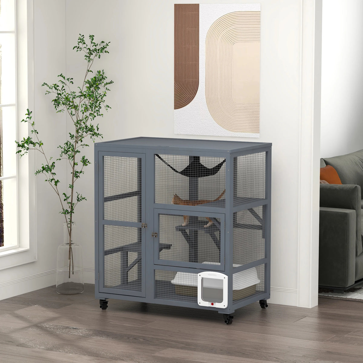 Light grey wooden outdoor catio cat house on wheels with mesh walls