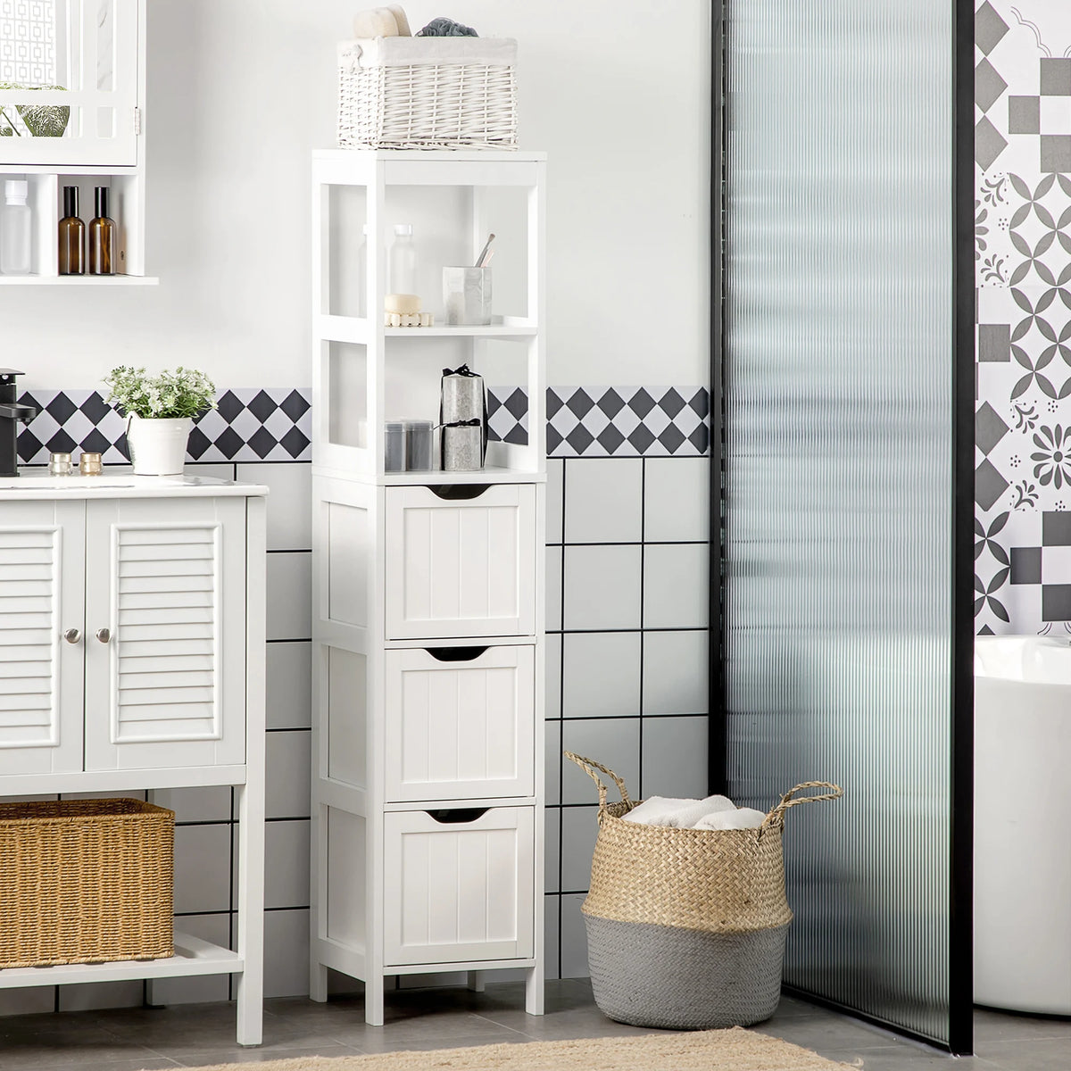 Tall Slim Bathroom Cabinet with 3 Drawers and 2 Open Shelves, White