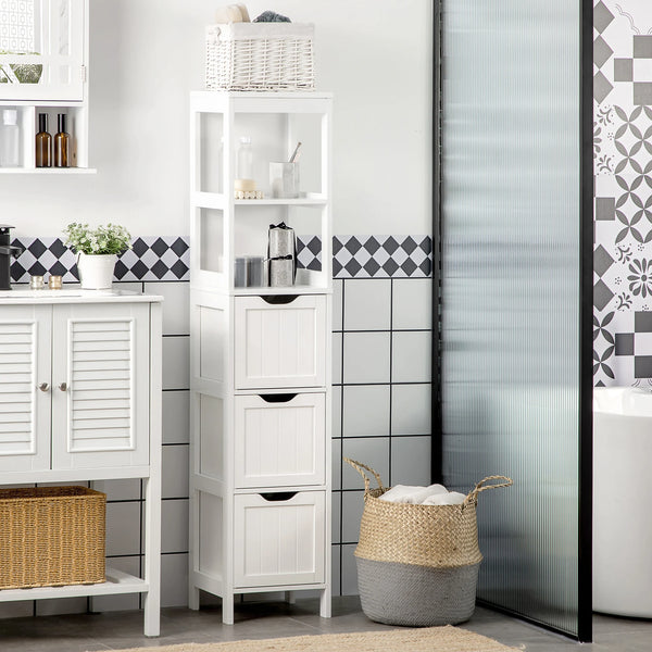 Tall Slim Bathroom Cabinet with 3 Drawers and 2 Open Shelves, White