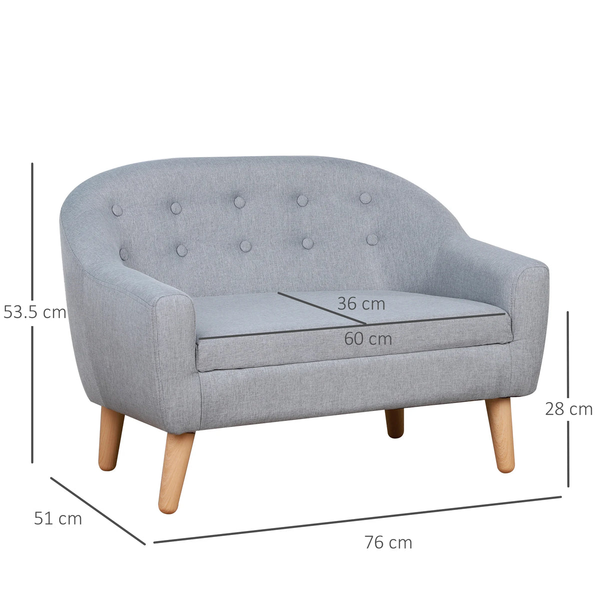 Kids 2 Seater Mini Sofa with Wood Frame Padded Seat Linen Look Upholstery Button Back Detail Grey
