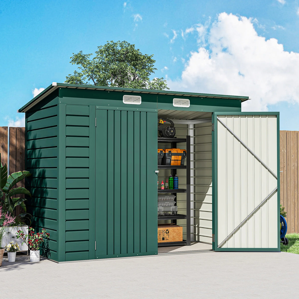 8 x 4ft Metal Garden Shed with Double Doors, Vents and Padlock, Green